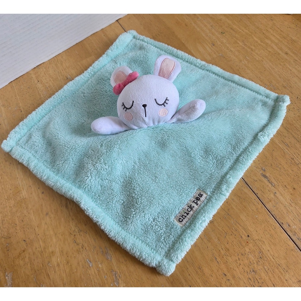 Chick Pea Mint Green White Bunny Rabbit Pink Bow Lovey Security Blanket 13 inch - Picture 2 of 11